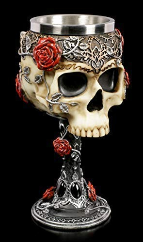 Figuren Shop GmbH Totenkopf Gothic Trink-Kelch mit roten Rosen verziert - Gothic Roses | Fantasy Wein-Kelch, handbemalt