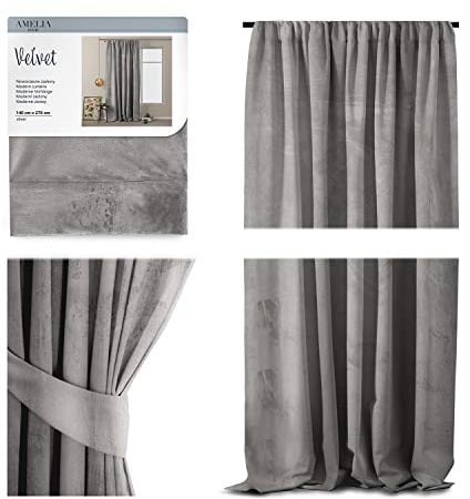 AmeliaHome Set Vorhang H 270 x B 140 cm mit Raffhalter 54 x 10 cm Velvet Optik Stahl 1 St. Kräuselband Wellenband Samt Halbverdunkelungsvorhang Fensterdekoration Dekoschal Dekorvorhang