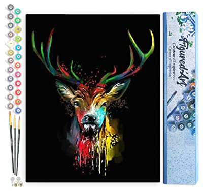 Figured'Art Malen Nach Zahlen Erwachsene Hirsch in Farbe - Paint by Numbers Basteln DIY Bastelset 40x50cm ohne Holzrahmen