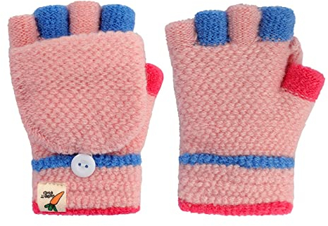 Kinder Halbfinger Handschuhe mit Flip Top Fausthandschuhe Strickhandschuhe Fünf Finger Fäustlinge Winterhandschuhe Gestrickte Fahrradhandschuhe, 3-10 Jahre alt (Pink-F, One Size)