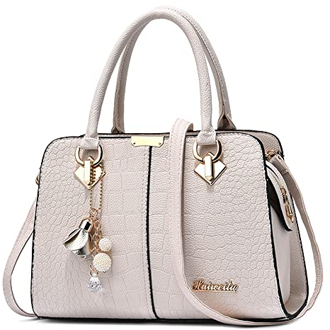 DORRISO Damen Handtasche Mode Ornamente Umhängetasche Abnehmbarem Schulterriemen Reisen Casual Elegantes Frauen Top Griff Tasche Beige Weiß A