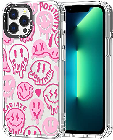MOSNOVO für iPhone 13 Pro Max Hülle – Durchsichtige, schlanke, stoßfeste TPU+PC-Handyhülle, [6,6 Fuß Fallschutz/Anti-Abziehen] - Rosa tropfendes Lächel-Gesicht mit positiver Ausstrahlung