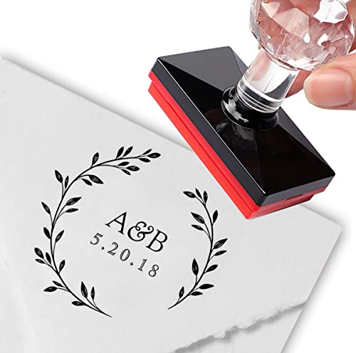 Personalisierbarer Stempel, Lorbeerkranz, Monogramm, Hochzeit, Save The Date, selbstfärbende Stempel, personalisierte runde Etiketten