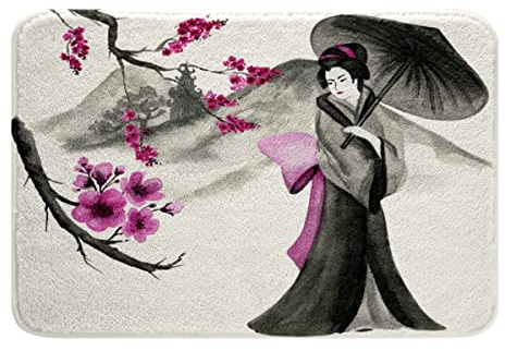 Loussiesd Kirsche Blütes Mädchen Japanisch Frauen Blumen Badteppiche Jugendliche Japanisch Ukiyoe Badezimmerteppich Badematte 50x80cm Tinte Schwarz Lila Rosa Badvorleger