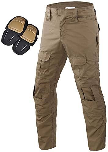 Uugood Militär Hose, Taktische Hose Herren G3 Camouflage Ripstop Combat Hose mit Knieschoner Multicam Cargo Hose für Outdoor Aktivitäten Paintball Jagd Airsoft (Khaki, M)
