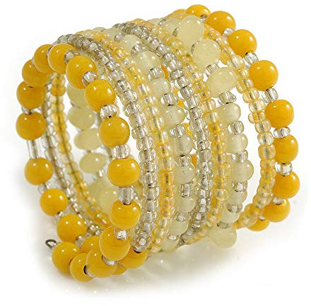 Avalaya Wide Coiled Ceramic, Glass Bead Bracelet (Lemon Yellow, Lemonade Yellow, Transparent) - Adjustable