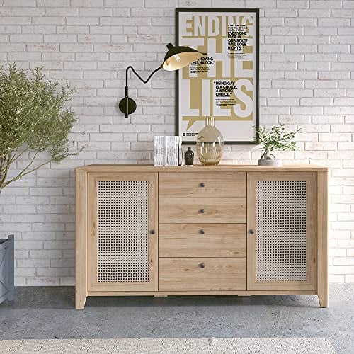 Sideboard Kommode Anrichte in Eiche Nb. mit Wiener Geflecht Nb., B/H/T: ca. 164/90,5/42 cm