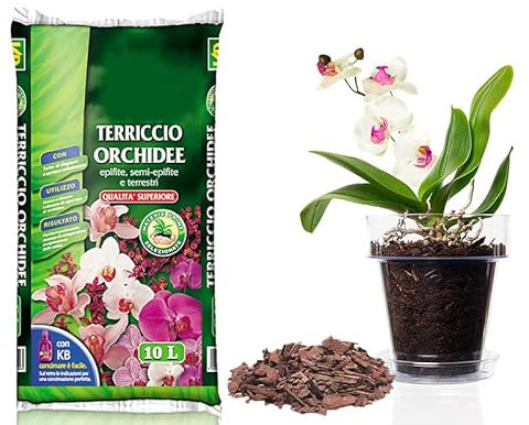 Virsus Kit Sacca Terriccio Orchidee 072 da 10LT + 1 Vaso rotondo per piante diametro 14cm con 1 sottovaso trasparente diametro 12 cm, Corteccia Fresca, vaso per interno ed esterno per orchidea
