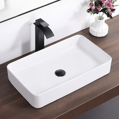 KARAMAG White Vessel Sink,Rectangle 24x14 Bathroom Sink Above Counter Porcelain Ceramic Small Sink Bowl Ceramic Vessel Sinks for Bathrooms