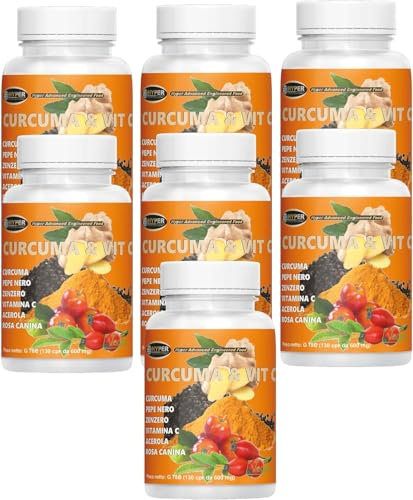 Hyper Curcuma e Vitamina C con Zenzero, Pepe Nero e Rosa Canina - Antiossidante Naturale per Articolazioni, Metabolismo e Digestione - 7x130 Compresse Prodotte in Italia.