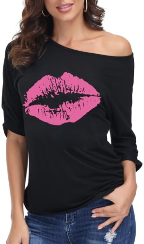 ELFIN Damen T-Shirt 80er Jahre Party-Shirts Sexy Lippen Drucken One-Shoulder-Shirt Kurzarm Sommer Oberteil Casual Bluse Tops, Schwarz-Rot Lippen, L