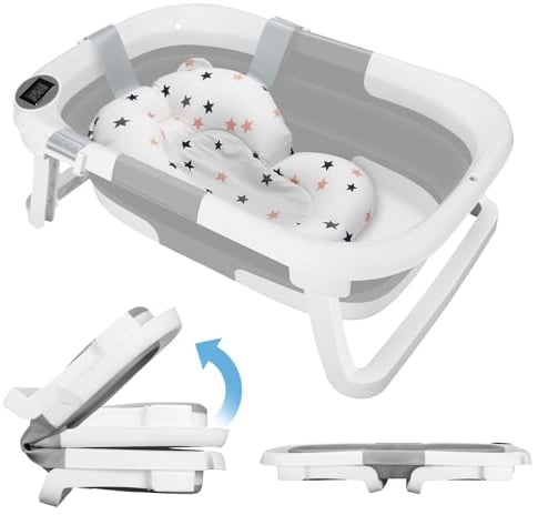 Bañera Bebe con Termómetro, Bañera Plegable Bebé con Almohadilla de Baño Antideslizante e Tapón de Ducha, Ergonómico, Ahorra Espacio, para Bebés de 0 a 36 Meses