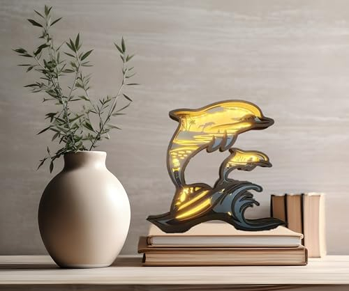 Dekorative LED-Lampe Nachtlicht aus Holz 3D in Tierform Delfin | Nachttisch Bücherregal Schreibtisch Kinder Schlafzimmer | originelle Geschenkidee zu Hause Geburtstag Weihnachten (Delfine)