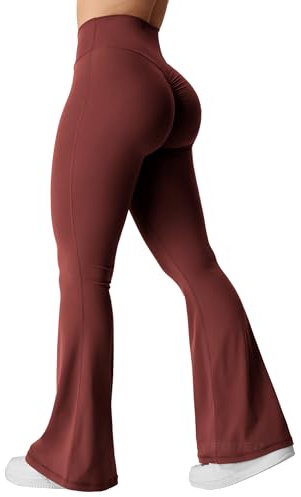 YEOREO Kalie Scrunch-Leggings für Damen mit ausgestellten Hosenbeinen, Schlaghose mit V-Naht im Taillen-Bereich, Yogahose mit Bauchkontrolle, Bootcut-Stil, Workout-Leggings, Burgunder, S