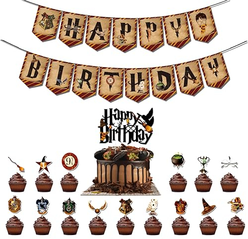 Magical Tortendeko Geburtstagsbanner 17 Stück, Wizard Happy Birthday Cake Topper und Banner, Wizard Inspiriert Deko für Magic Theme Party