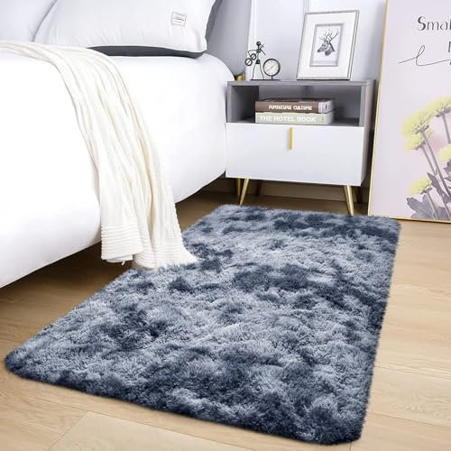 AMEHA Rugs Living Room – Fluffy Shaggy Small Area Rugs for Bedroom Anti-Slip – Modern Dark Grey Super Soft Thick Pile Rug - Plush Carpet Non Shedding Easy To Clean (Tye-Dye Grey, 50cm x 80cm)