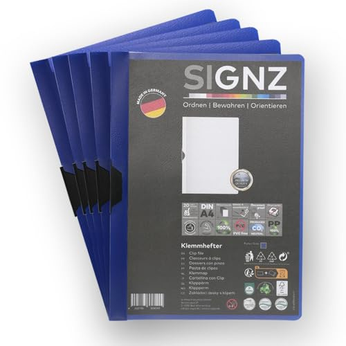 SIGNZ Cartellina portadocumenti DIN A4, 5 pezzi, colore blu scuro, made in | Copertina trasparente, fino a 30 fogli, in polipropilene riciclabile, senza PVC