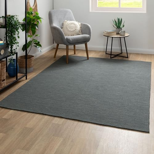 Steffensmeier Handweb Teppich Kelim Delhi | 100% Schurwolle in der Nutzschicht, Grau, handgewebt, Größe: 90x160 cm Wohnzimmer und Schlafzimmer