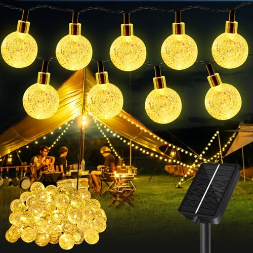 Guirlande lumineuse solaire d'extérieur - 12 m - 60 LED - Boules de cristal - Résistante aux intempéries - 8 modes - Batterie 1200 mAh - Étanche IP65 - Pour décoration de balcon, jardin, mariage,