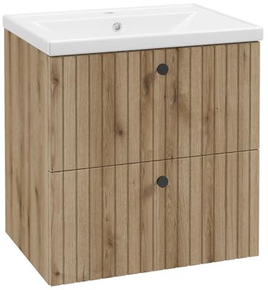Lomadox Badezimmer Waschtisch Waschtischunterschrank mit Waschbecken 60 cm 2 Schubladen Eiche