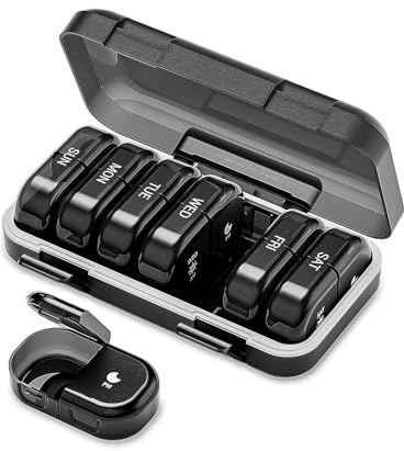 ONTERATE Wochen Tablettenbox für 2 Mal Täglich, AM PM Tablettenbox für 7 Tage, Feuchtigkeitsbeständige Tablettendose mit 14 Fächern, Reise Tablettenbehälter für Vitamine, Fischöl (Schwarz)