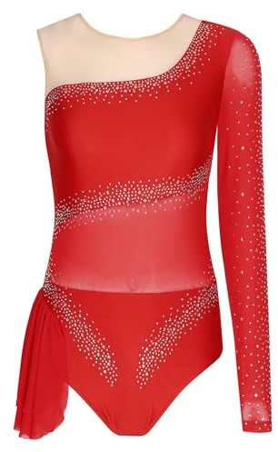 inhzoy Damen Gymnastikanzug Glitzer Ärmelloser Langarm Turn Trikot Mesh Patchwork Tanzbody Ballett Leotard Mit Strass Wettbewerb Tanzkostüm Rot M