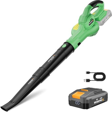 WORKPROX Soffiatore per Foglie 20V con Batteria, Flusso d'Aria Potente 222KM/H, Capacità 290 M³/H, Soffiatore per Giardinaggio