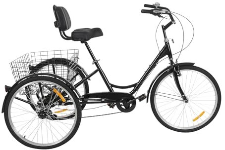 Qussse 24 Zoll Dreirad für Erwachsene, 7 Gang Dreirad Fahrrad mit Korb 3-Rad Fahrrad mit Klingel und Warnleuchten für Erwachsene und Senioren (Schwarz)