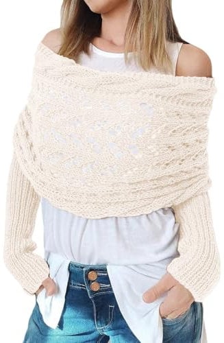 CCAIPU Damen Winterschal mit Ärmeln, Weiche Schals und Wraps mit Ärmeln, Gestrickte Kabel Wrap Hollow Verlängernde Doppel Ärmel Schal Schal (Weiß)