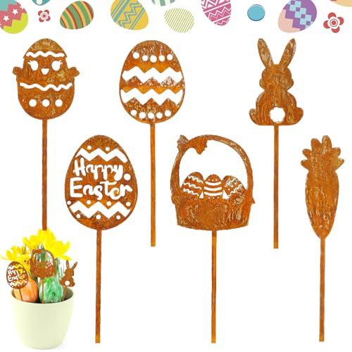 Henjunu 6 Stück Gartenstecker Ostern Rost, Osterblumen Stecker, Osterdeko für draußen Gartenstecker, Rost Metall Osterdeko Hasen Roststecker für Ostern und Frühling Gartendeko