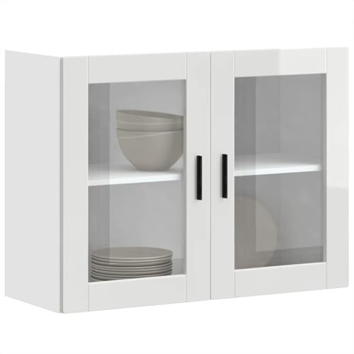 Myheimly Küchenschrank Holzwerkstoff,hoher Küchenschrank, Schrank,Küchenzeile,Schrank Küche,Einbauküche Küchen-Hängeschrank mit Glastür Porto Hochglanz-Weiß