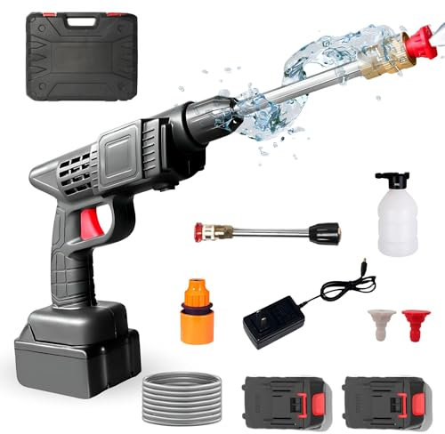 Pistola de Limpieza a Presión. Hidrolimpiadora Portatil Inalámbrica 35Bar/500PSI y 1500mAh/300W con 2 Baterías Recargable 48V / 30-45min. Pistola de Alta Presion para Coche con Maletín y Accesorios.
