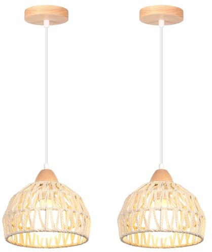 iDEGU 2 Pack Suspension Luminaire Vintage Lustre Industriel en Bois Rotin Abat-jour Plafonnier E27 Éclairage de Plafond Décoration Lampe Suspendue pour Salon Chambre Salle à Manger Café (20CM, Blanc)