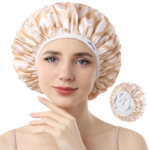 Years calm Terry Lined Shower Cap, Triple Layer Heart Motifs,Waterproof Reusable Elastic,Hair Shower Cap for Women,Terry Cloth Shower Caps for Spa,Clean,Trave (Beige, One Size)