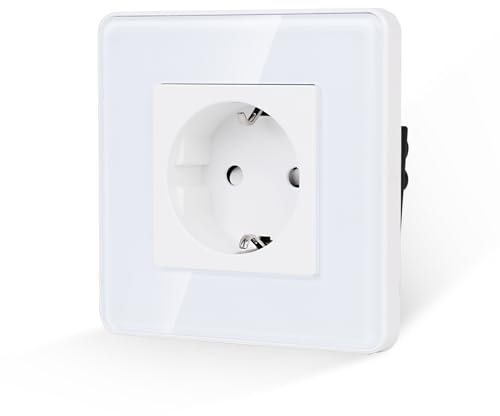 JIMEIDA Enchufe individual blanco, placa de cristal curvado 2,5D, 16 A, enchufe Schuko, empotrado, enchufe de pared, 86 x 86 mm, 250 V