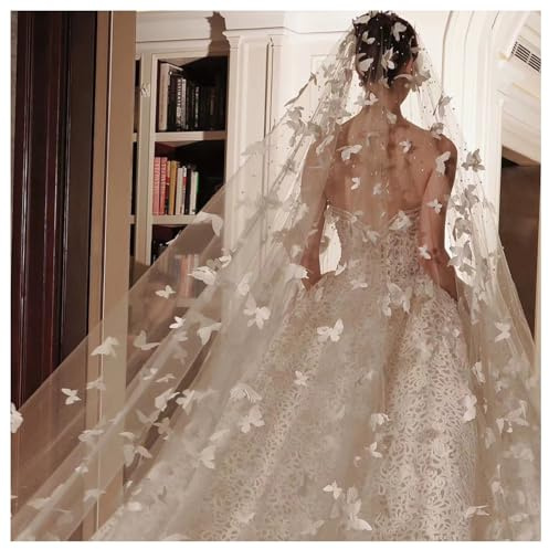 BrightGlow Hochzeitsschleier Brautschleier Lange Tüll Hochzeit Schleier Weiß mit 3D -Schmetterling und Perlen Romantischer Kathedralen Braut-Schleier Elegantes Hochzeitszubehör Weiß 300 X 350CM