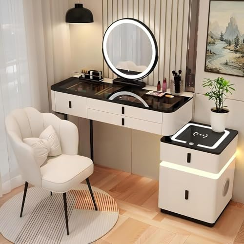 Schminktisch mit Spiegel, 3 Einstellbare Helligkeiten, Kosmetiktisch mit Stuhl Frisiertisch, Schubladen aus Massivholz Frisierkommode für Madchen Make up Tisch Set (Weiß-schwarz, 80CM)