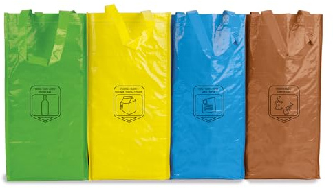 Set de Sacs Robustes pour Recyclage, Faciles à Nettoyer, Reliés par des Rubans, Pack de Recyclage pour Plastique, Organique, Verre, Papier et Carton, Durables, 23L, avec Poignées. (4 Sacs)