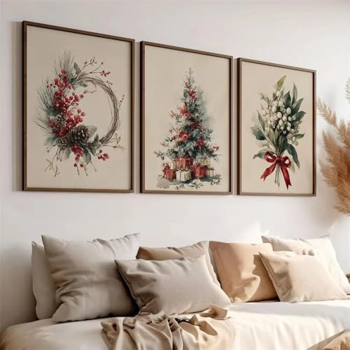 Generisch 3er Poster Set, Vintage Weihnachtsbilder, Weihnachtsbaum Kranz Wandbilder Wohnzimmer Wanddeko, Ohne Rahmen Weihnachten Deko (30x40 CM)