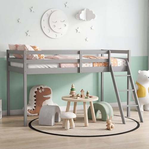 Panana Mid Sleeper with Storage,Solid Wooden Single Loft Bed Frame 3FT Cabin Bed,Space Saving (Grey, Stair Style)