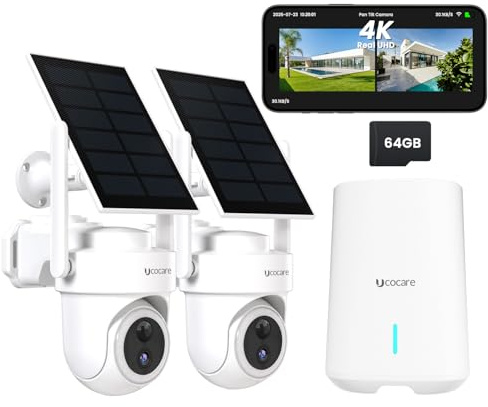UCOCARE Überwachungskamera Aussen Solar Set, 4K/8MP Kamera Überwachungskamera Aussen Outdoor Akku Set mit Home Hub,300 m WLAN-Reichweite, Kein Abonnement, 360° Tracking, 64 GB TF-Karte, 2-Kamera-Set