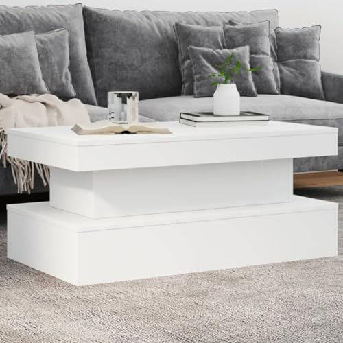 Owoxanthellate Couchtisch mit LED Beleuchtung Weiß 90x50x40 cm Holzwerkstoff Modernes RGB Sofa Side Table für Living Room Schlafzimmer und Büro