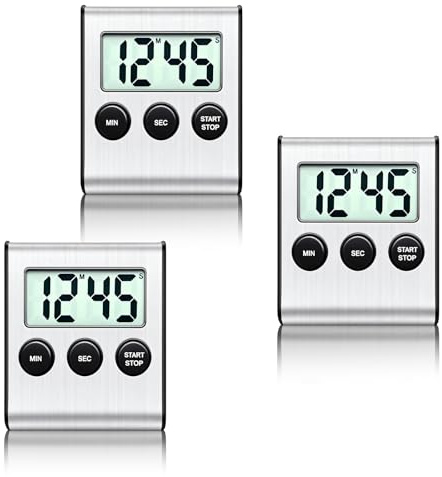 3 piezas Temporizador de Cocina Digital, Timer Cocina, Cronometro Digital, Dígitos Grandes, Alarma Audible Clara con Interruptor de Encendido/apagado para Cocinar, Deportes, Estudiar, Acero Inoxidable