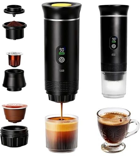 Tragbare Espressomaschine mit Akku, Kapsel Tragbare Mini Kaffeemaschine, Portable Coffee Maker, Kaffeemaschine to go mit USB C, für 3-in-1 Gemahlenem Kaffee, Perfekt für Unterwegs, Camping, Reisen