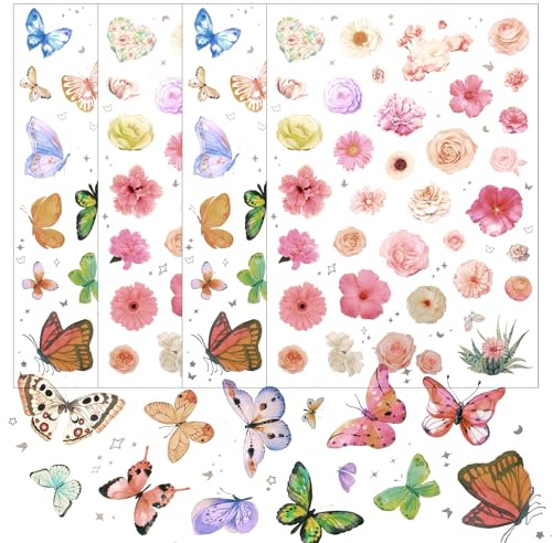 4 Blätter Sticker Blumen und Schmetterlinge, Aufkleber Blumen und Schmetterling Deko, Bunte Scrapbook Stickers, Frühlingsthemen Zubehör für Scrapbooking Lehrerklassenzimmer Partygeschenke