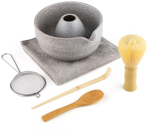 7 Pcs Matcha Set,Matcha Tea for Making Breakfast/Latte,Whisk Set and Bowl with All Accessories,Gift for Lover，Grey-White Bowl, Stirrer Yellow