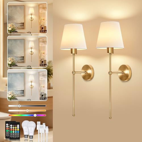 TaoFiaCo Rechargeable Wall Lights with Remote Control Indoor, Gold, 2 Pack | Battery Operated Wall Lights for Living Room Bedroom, Wireless Wall Sconces, 4400 mAh Battery, 3 Color Temperatures