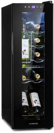 KLARSTEIN Shiraz Wine Cooler Black – 12 Bottles, 32 L, 1 Zone | Freestanding Wine Fridge with Glass Door, Quiet, 5–18 °C, LED, Stainless Steel Frame