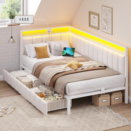 DICTAC Cama Tapizada Sofá Cama 90 x 200 cm con iluminación LED y Toma USB,Camas Juvenil con 2 cajones de Almacenamiento, Estructura de Cama de 90 x 200 con somier de láminas de Metal, Beige