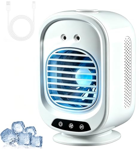 Portable Mobile Cooler Air Conditioner, Personal Desktop Cooler with 3 Speeds & 2 Mist Modes, 150° Auto-Oscillation, 1-3H Timer, 2 Mist Sprays, Rechargeable Cooling Fan for Office Home Bedroom Camping